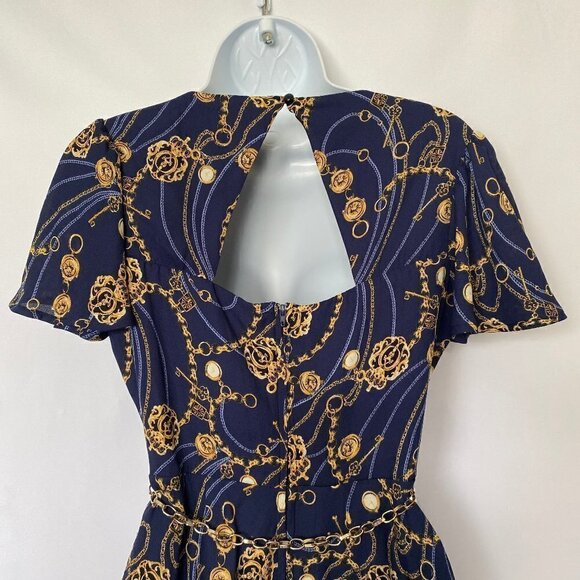 Navy Blue and Gold Chain Print Dress - Picture 6 of 12